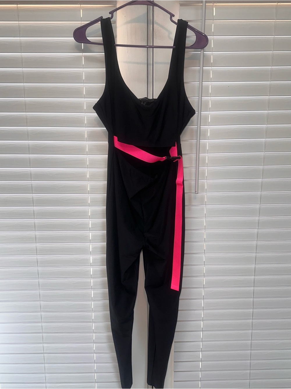 Forever 21 Black Jumpsuit with cut out at stomach and Hot Pink Belt Detail